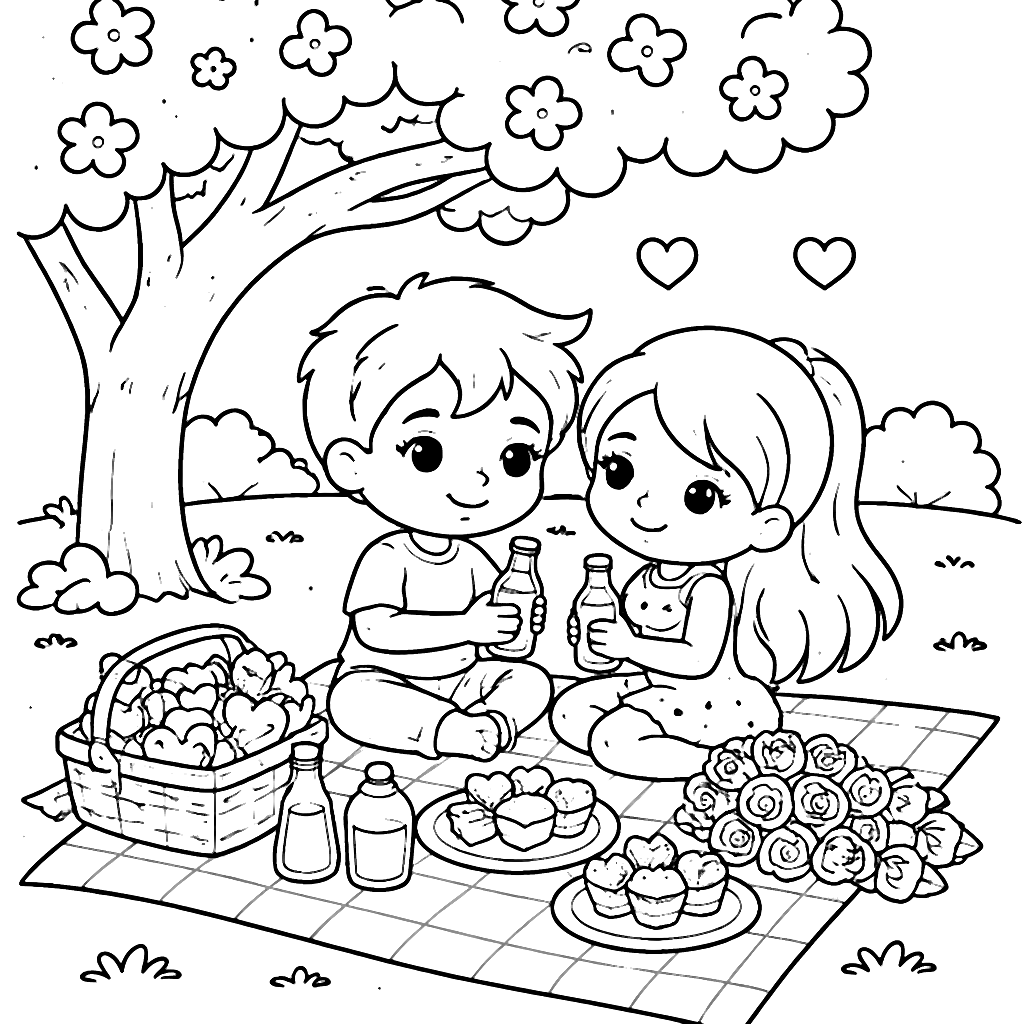 Coloriage de la Saint-Valentin : Pique-nique romantique – coloriage à imprimer