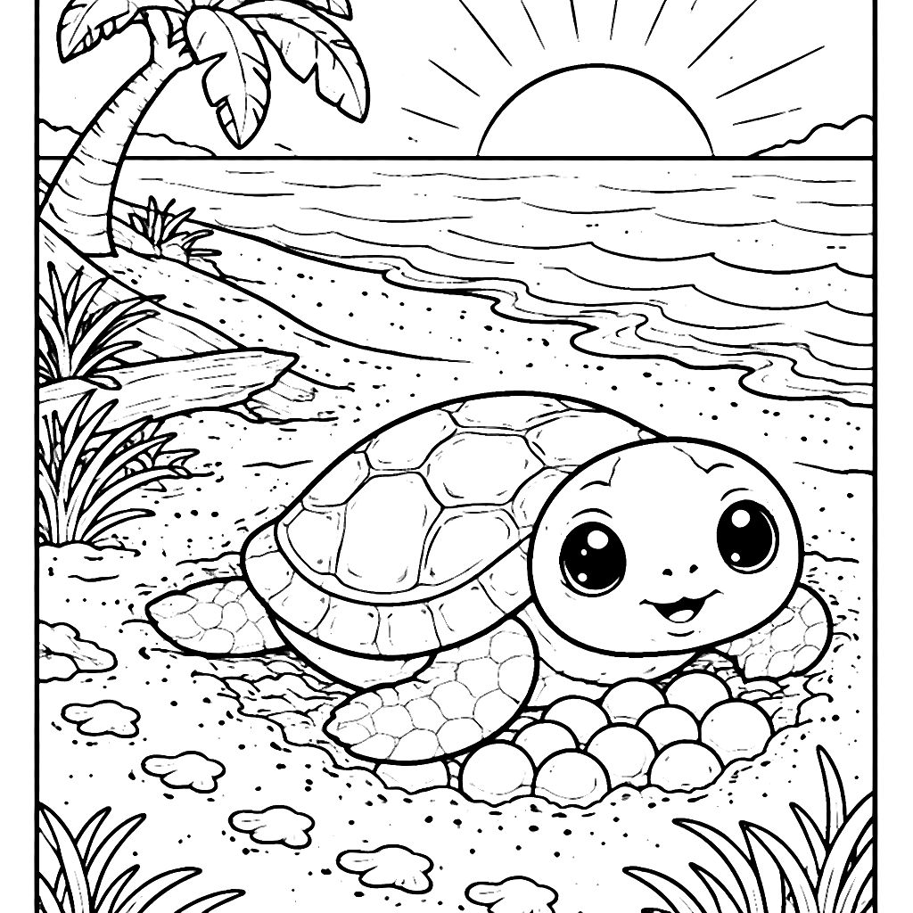 Coloriage de la tortue de mer sur une plage tropicale – coloriage à imprimer