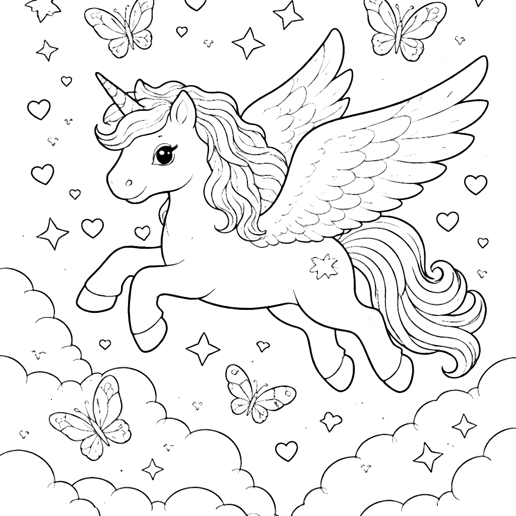 Coloriage de Licorne dans un Ciel Magique – coloriage à imprimer