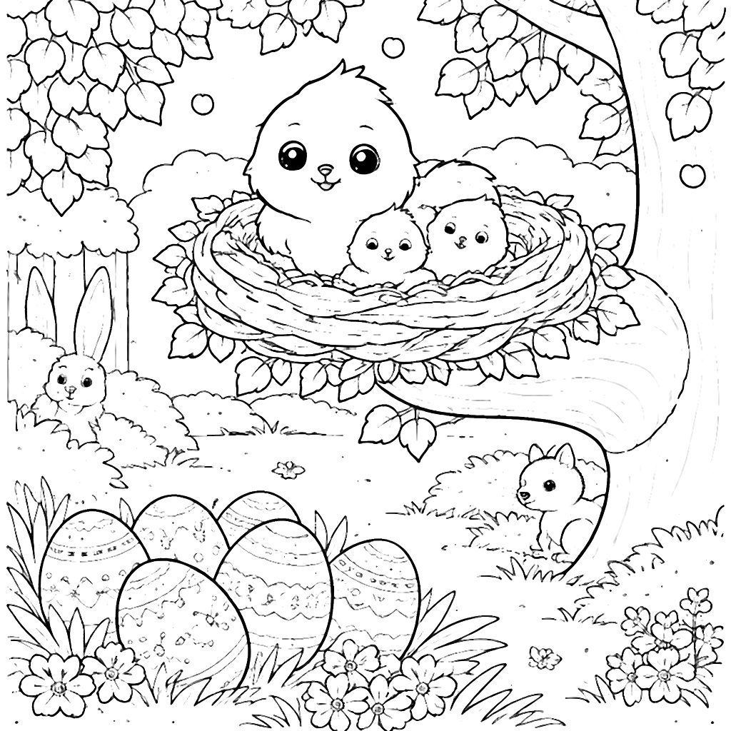 Coloriage de Pâques : Oeufs décorés sous un arbre – coloriage à imprimer