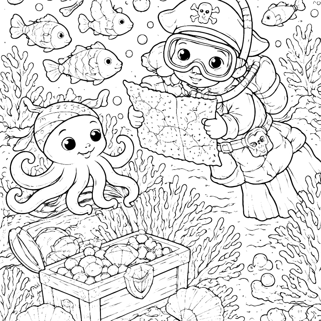 Coloriage de plongeur de trésor pirate – coloriage à imprimer