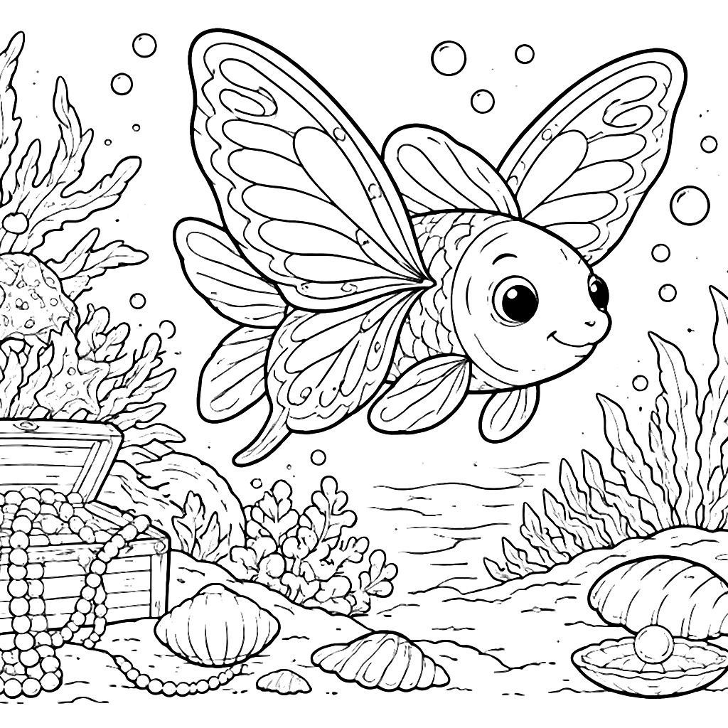 Coloriage de poisson aux ailes de papillon sous la mer – coloriage à imprimer