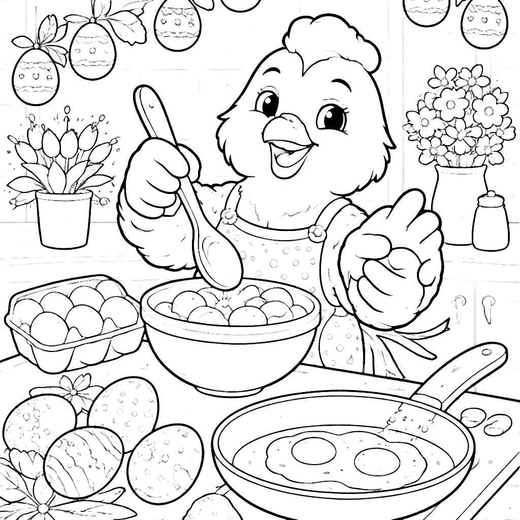 Coloriage de Poule Heureuse en Cuisine de Pâques – coloriage à imprimer
