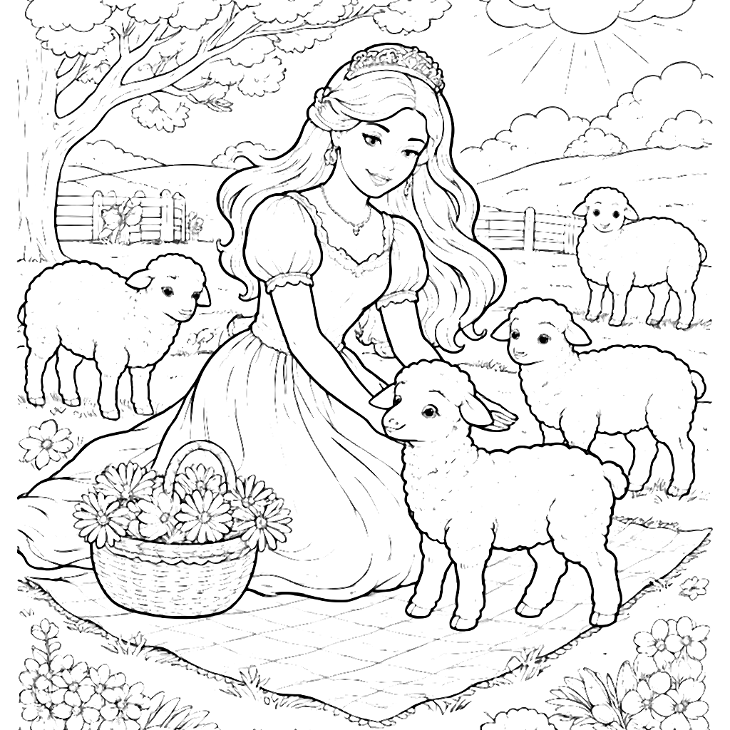 Coloriage de princesse dans un pré ensoleillé – coloriage à imprimer
