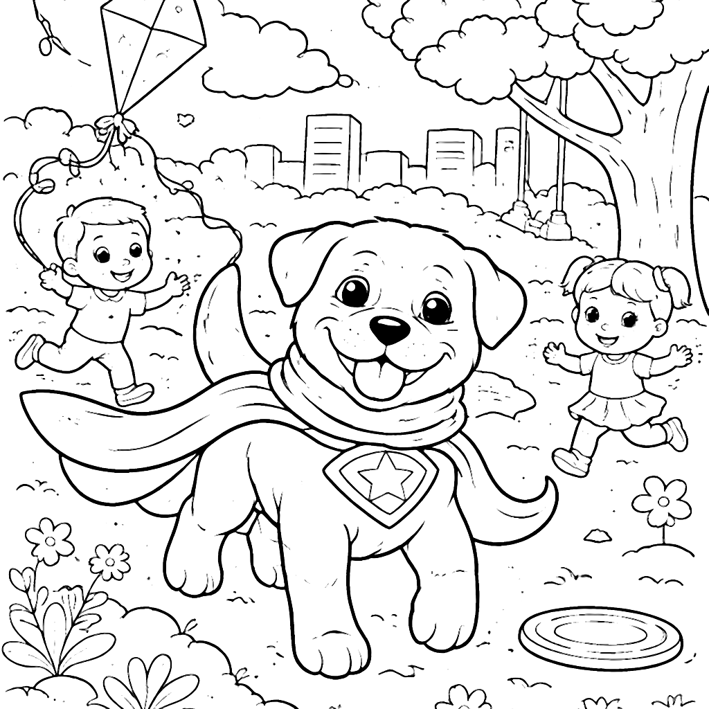 Coloriage de Rottweiler en super-héros dans le parc