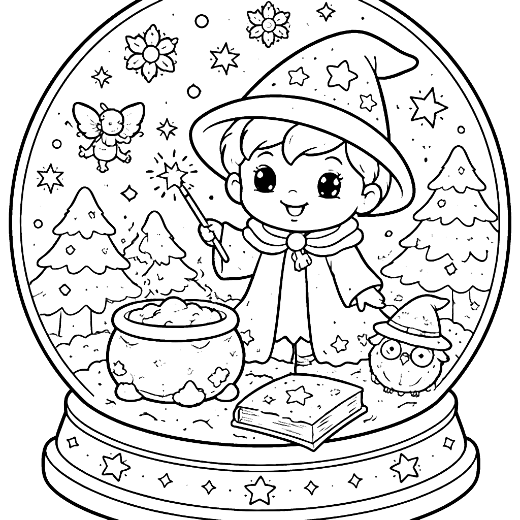 Coloriage de sorciers dans une boule à neige magique – coloriage à imprimer
