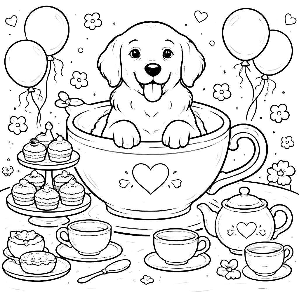 Coloriage Golden Retriever dans une tasse géante – coloriage à imprimer