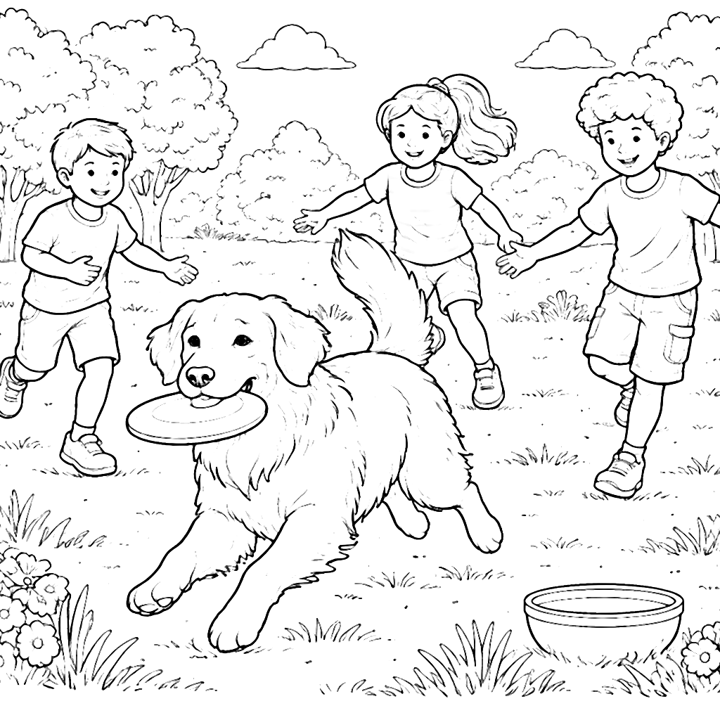 Coloriage Golden Retriever : un moment de jeu au parc – coloriage à imprimer