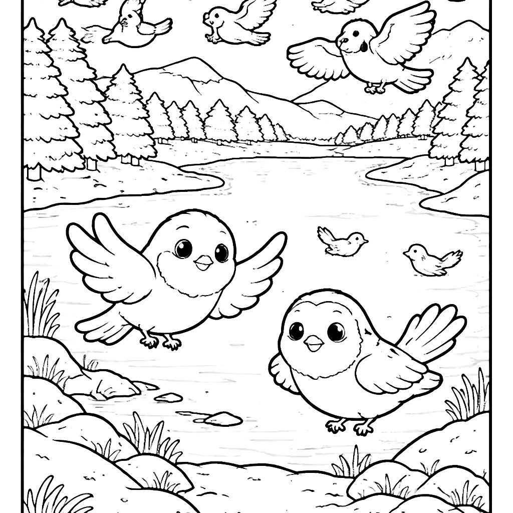 Coloriage Hiver : Vol de Oiseaux au Bord du Lac – coloriage à imprimer