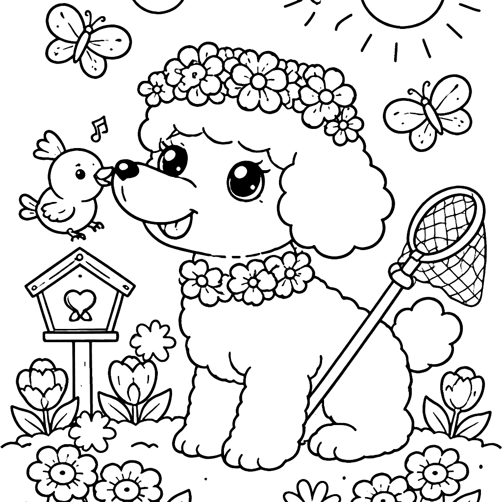 Coloriage Poodle Amusant avec un Oiseau Amic – coloriage à imprimer