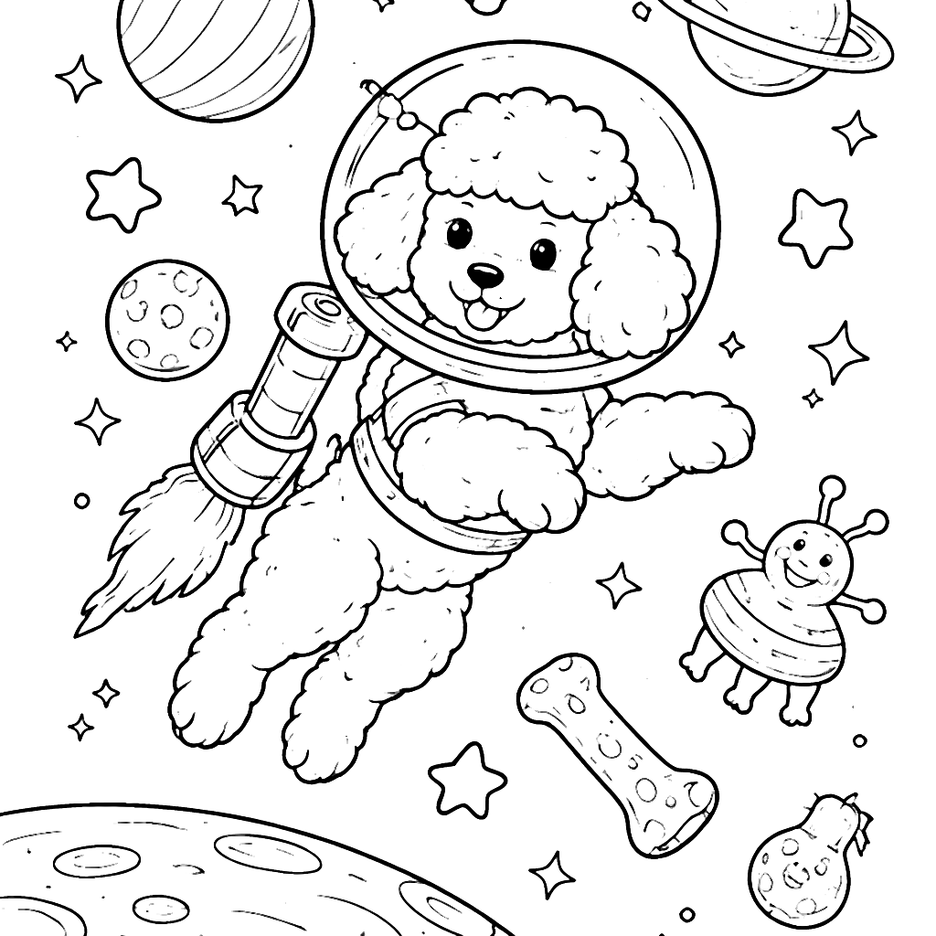 Coloriage Poodle en apesanteur dans l'espace