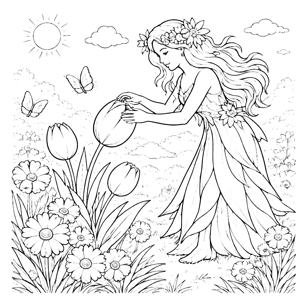 Coloriage Printanier : Fleur en Éclosion dans une Prairie – coloriage à imprimer