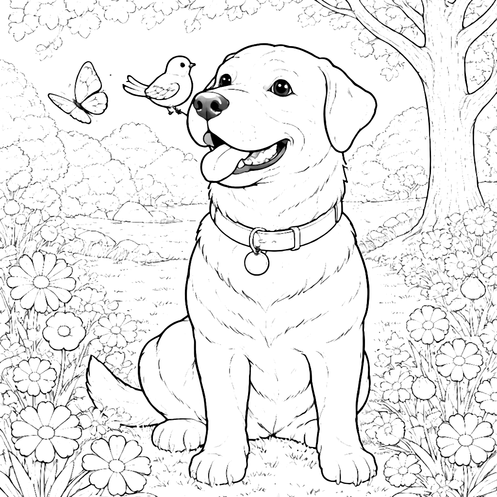 Coloriage Rottweiler avec un ami oiseau dans le parc – coloriage à imprimer
