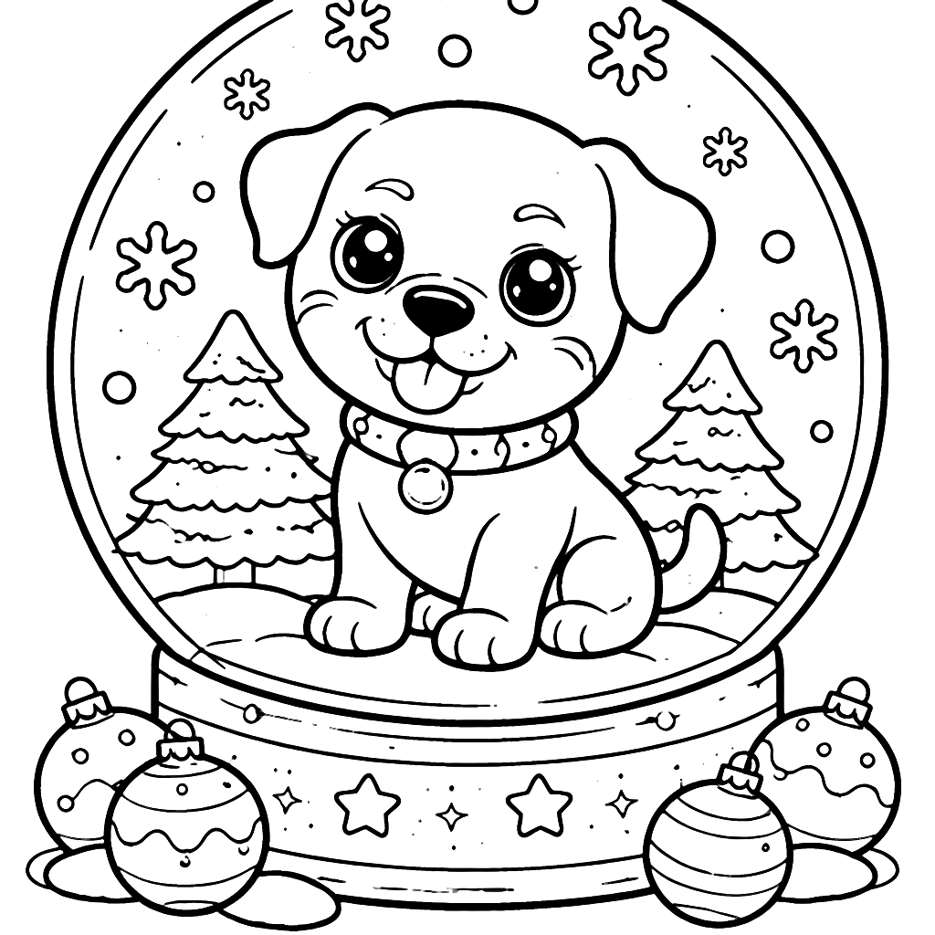 Coloriage Rottweiler dans un globe en neige – coloriage à imprimer