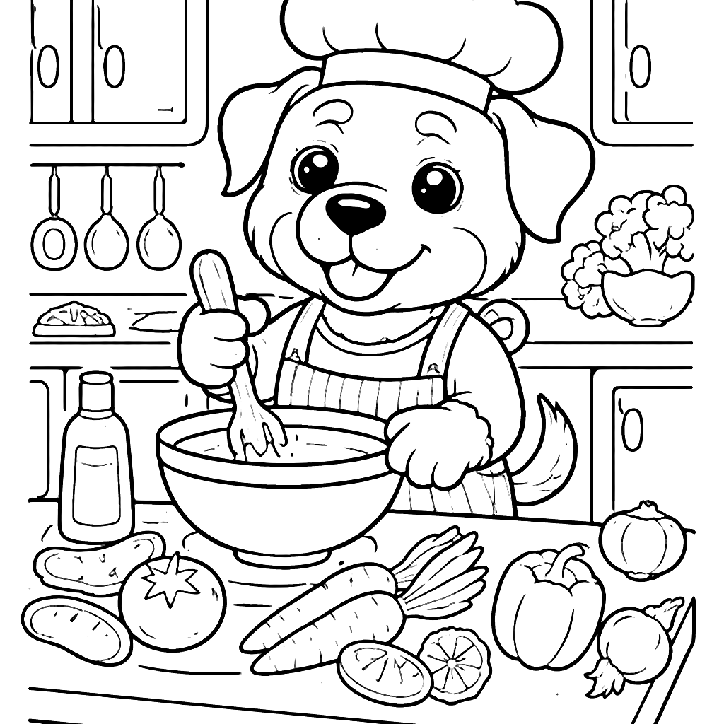 Coloriage Rottweiler dans une cuisine colorée – coloriage à imprimer