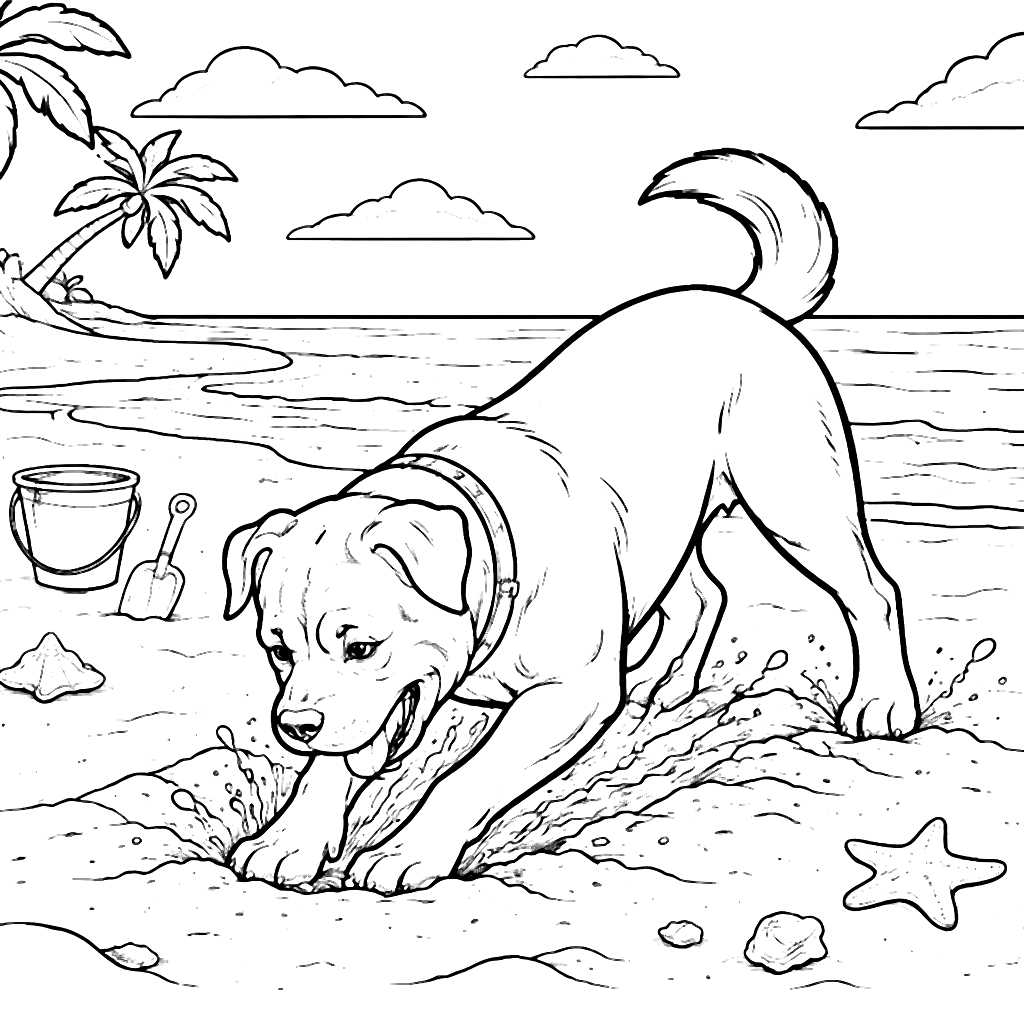 Coloriage Rottweiler : un chien à la plage – coloriage à imprimer