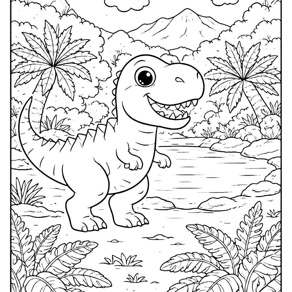 Coloriage Tyrannosaurus Rex dans la forêt préhistorique – coloriage à imprimer