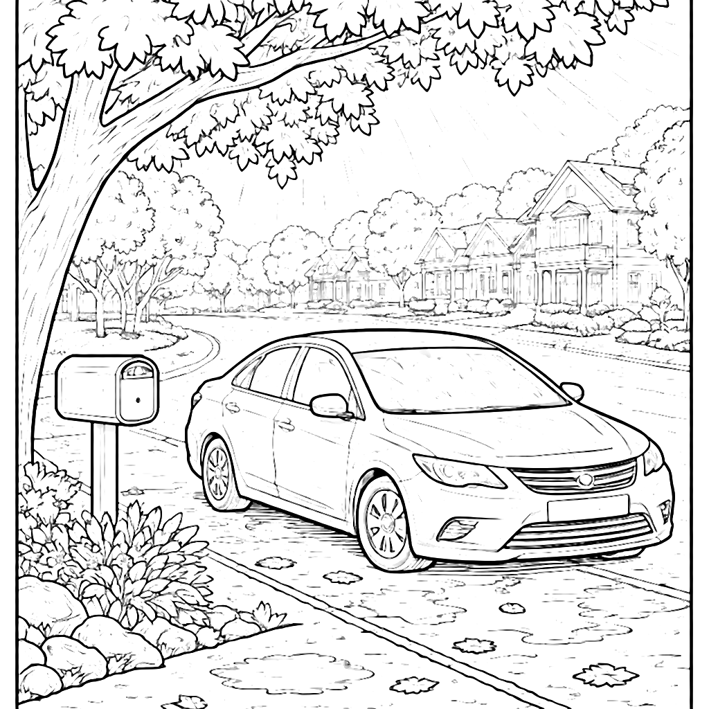 Coloriage voiture sous un arbre après la pluie – coloriage à imprimer