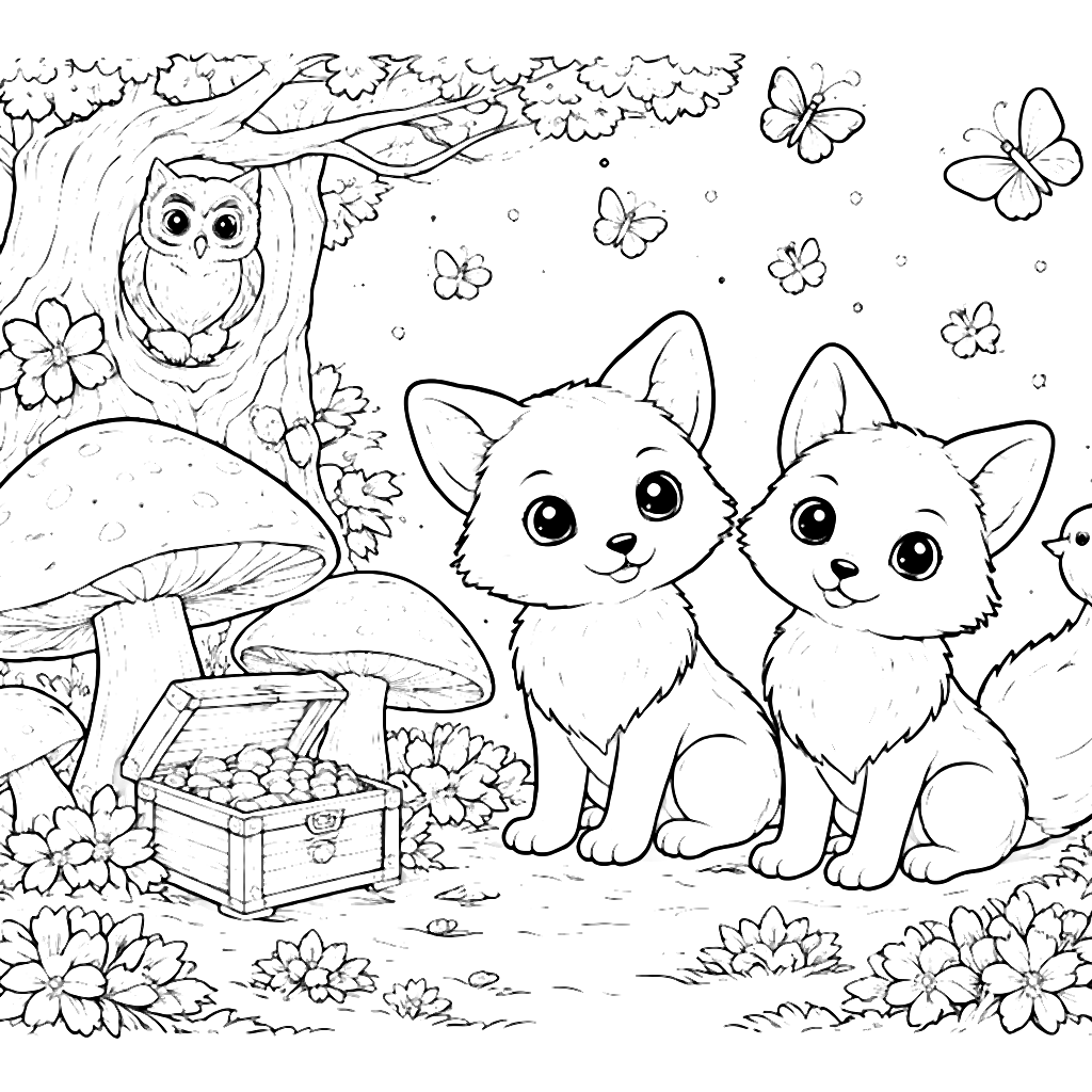 Deux renards curieux dans une forêt magique – coloriage à imprimer