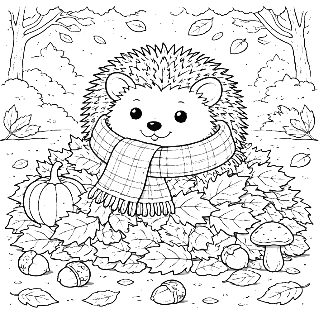 Hérisson joyeux dans un tas de feuilles d'automne – coloriage à imprimer