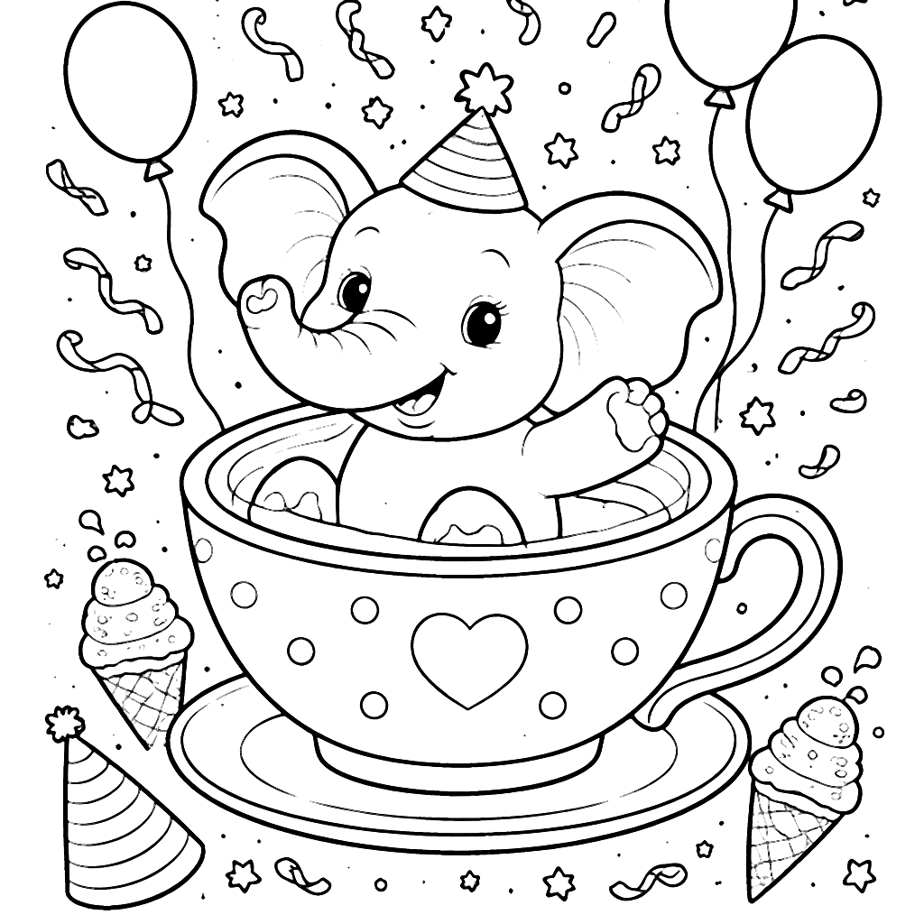 Éléphant joueur dans une tasse géante à colorier – coloriage à imprimer