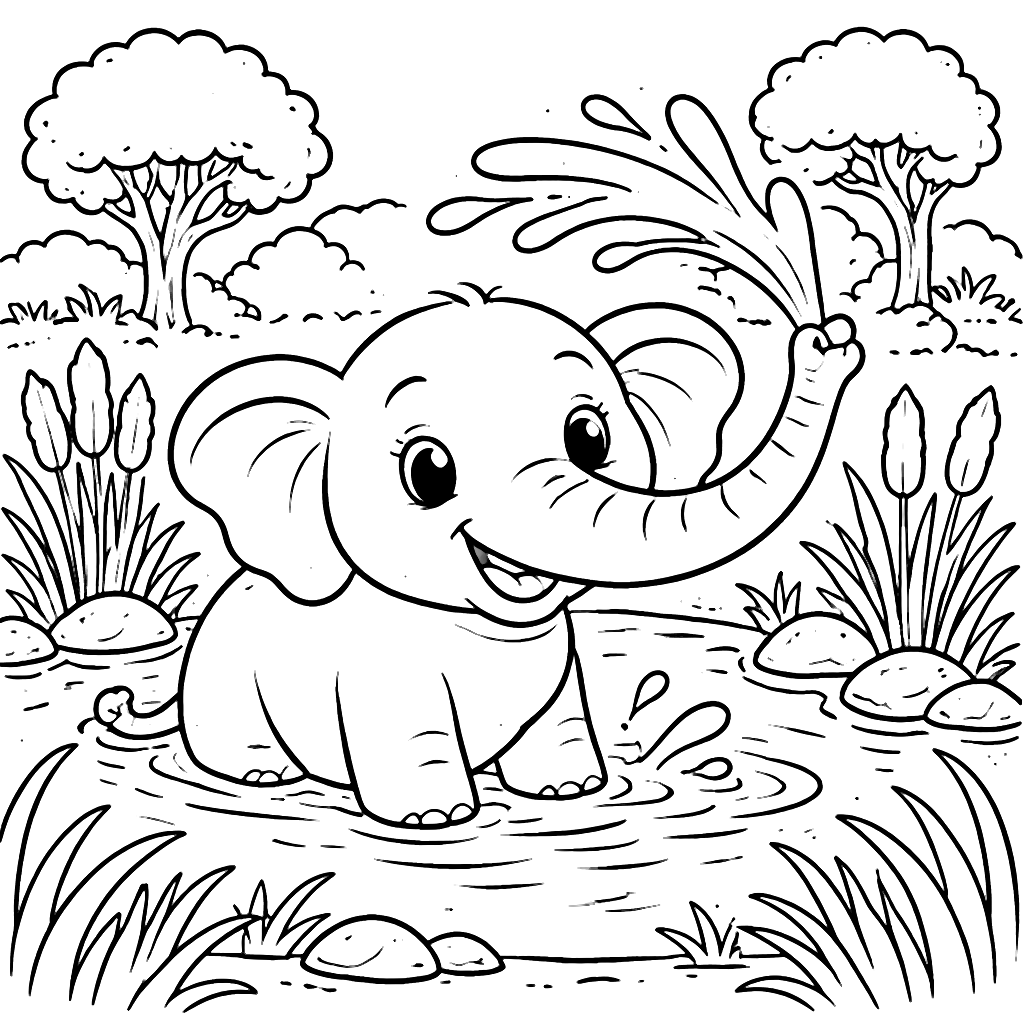 Éléphant joueur éclaboussant de l'eau à colorier – coloriage à imprimer