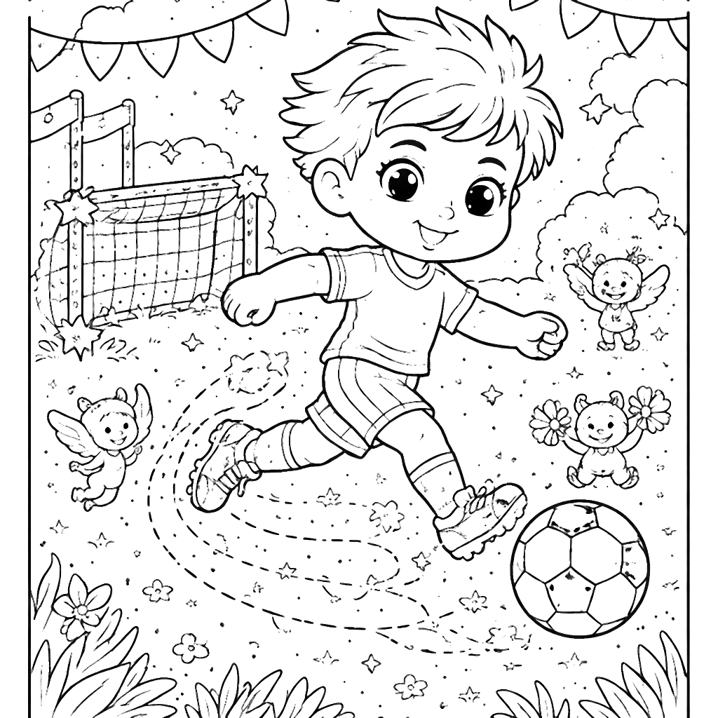 Page à colorier de soccer enchanté avec des créatures magiques – coloriage à imprimer