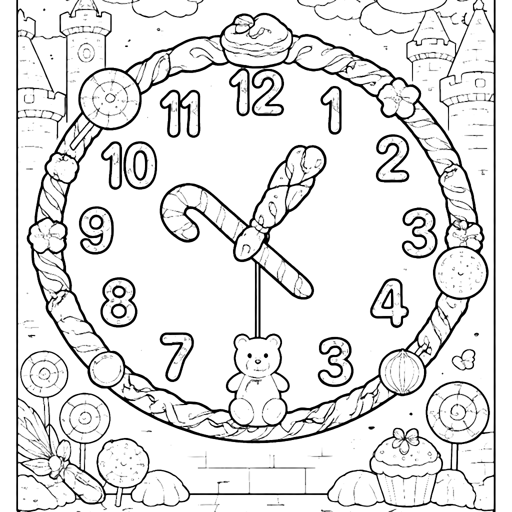 Page à colorier : Horloge magique en bonbons – coloriage à imprimer