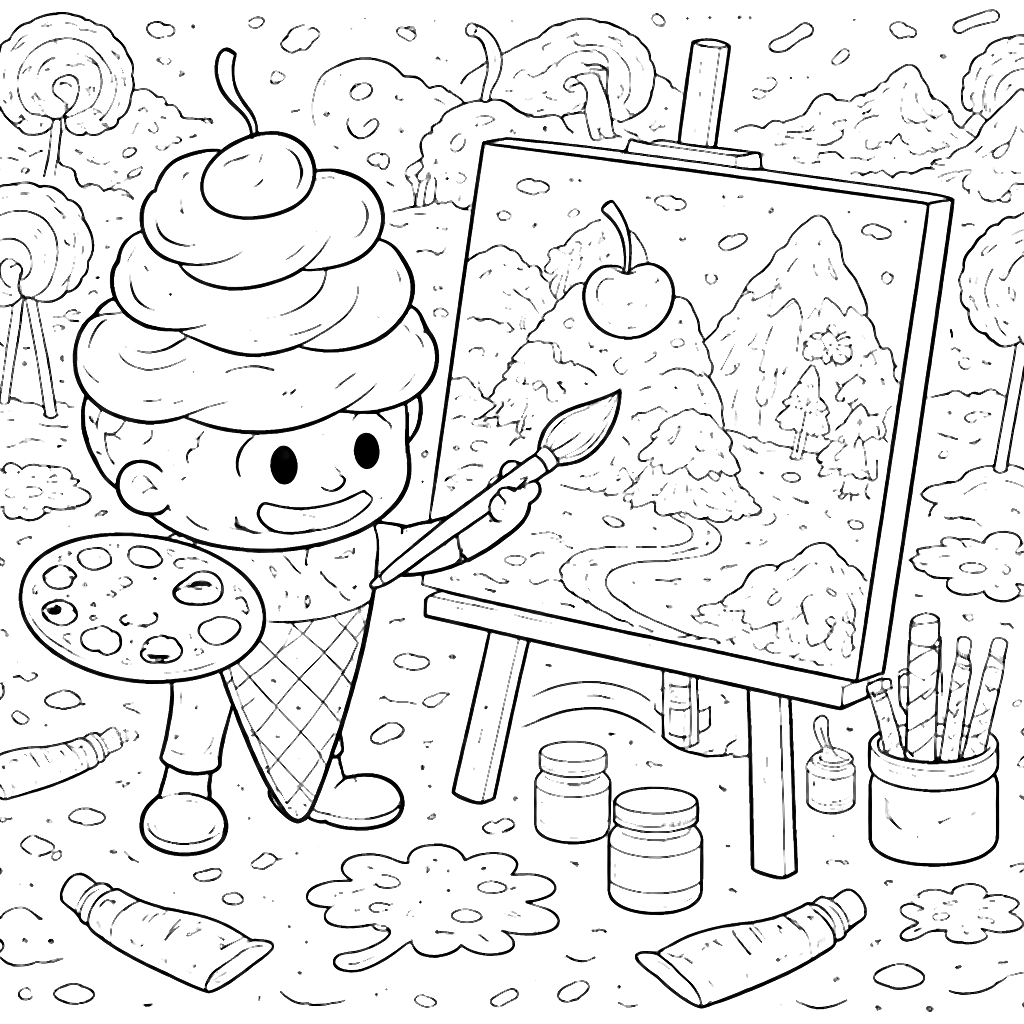 Page de coloriage d'un paysage de crème glacée – coloriage à imprimer
