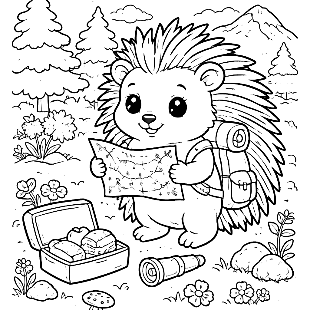 Porc-épic aventurier dans la forêt magique – coloriage à imprimer