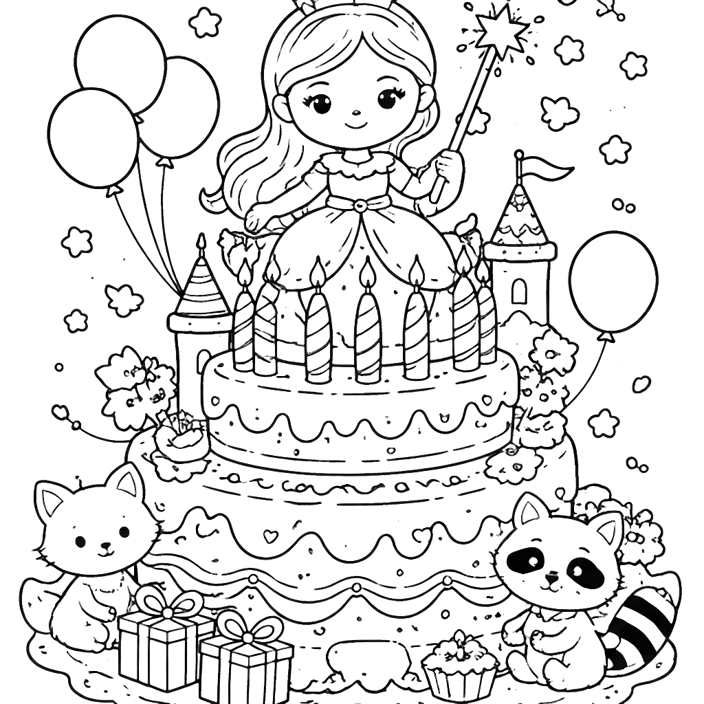 Princesse sur un gâteau d'anniversaire à colorier – coloriage à imprimer