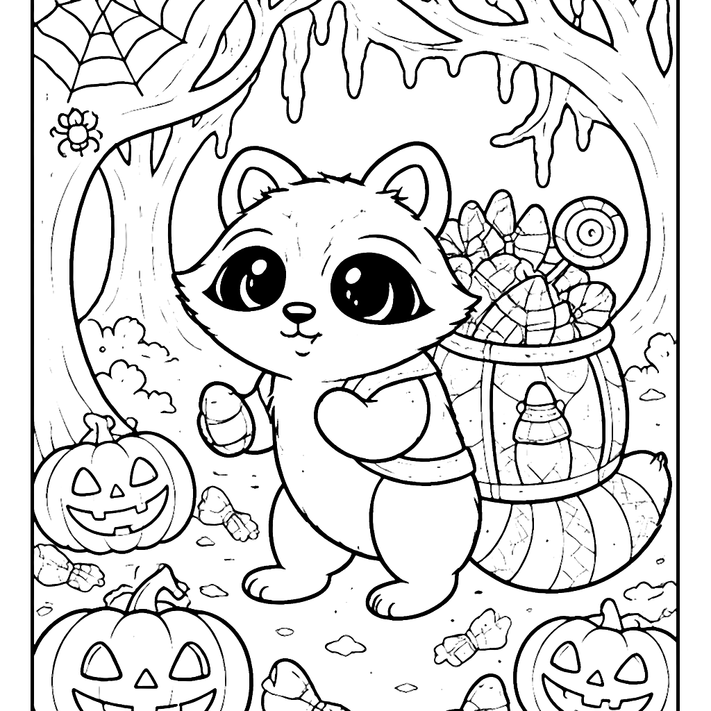 Raton laveur espiègle dans une forêt hantée - coloriage – coloriage à imprimer