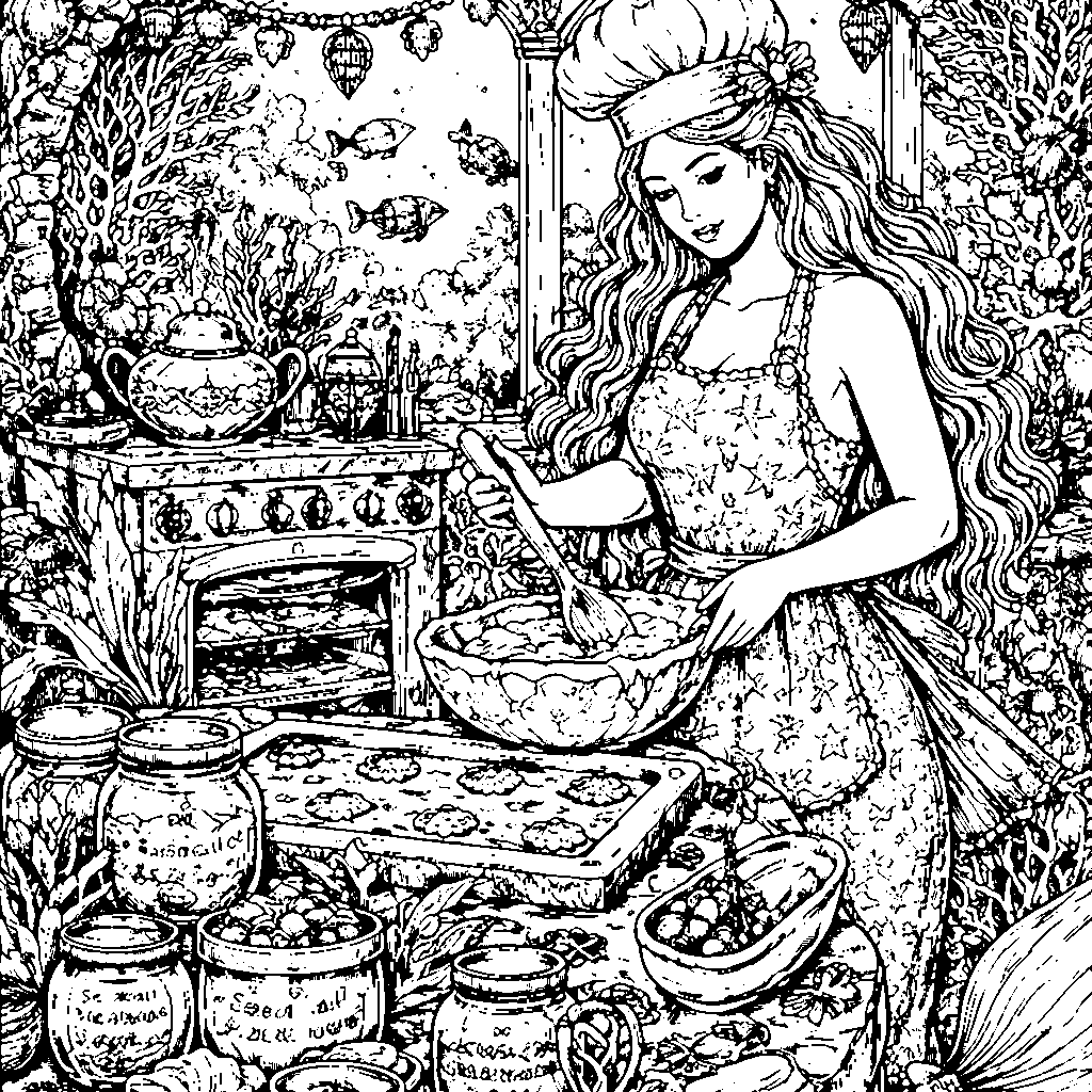 Sirène chef créant des friandises sous-marines