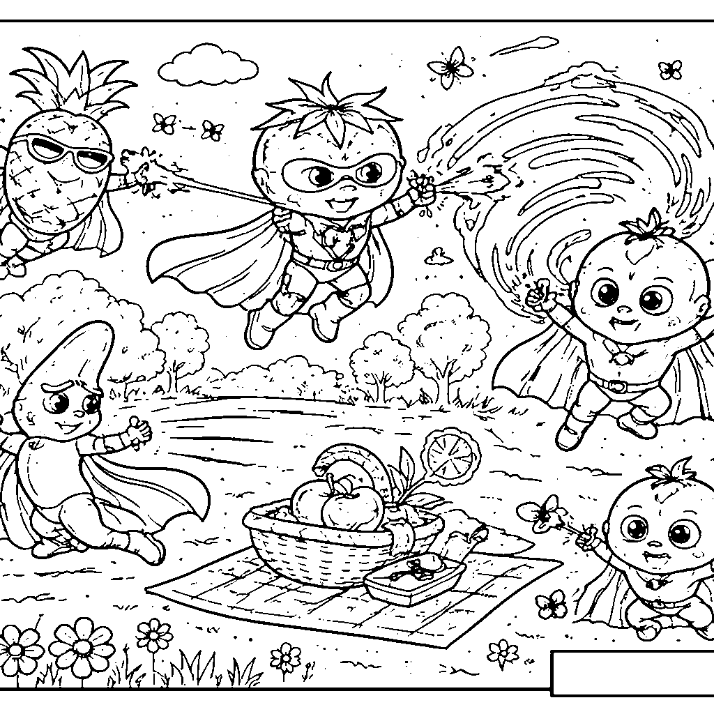 Pages de coloriage des personnages de fruits super-héros