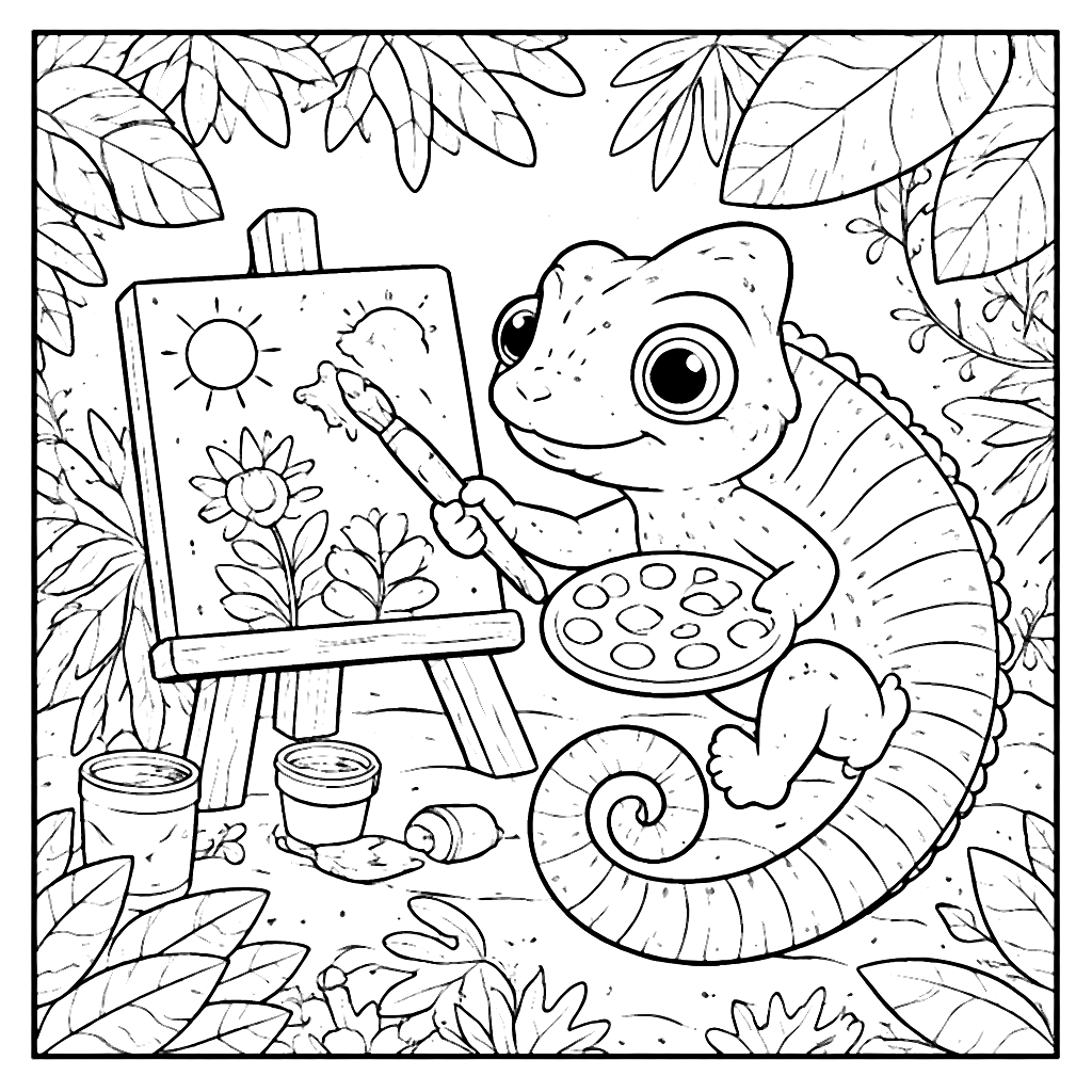 Un caméléon astucieux à colorier dans la jungle – coloriage à imprimer