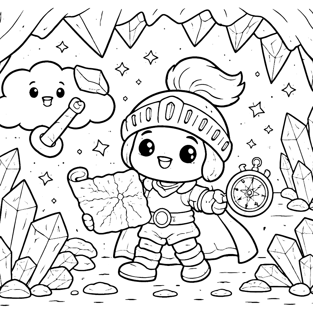 Un chevalier aventurier dans une grotte de cristal – coloriage à imprimer