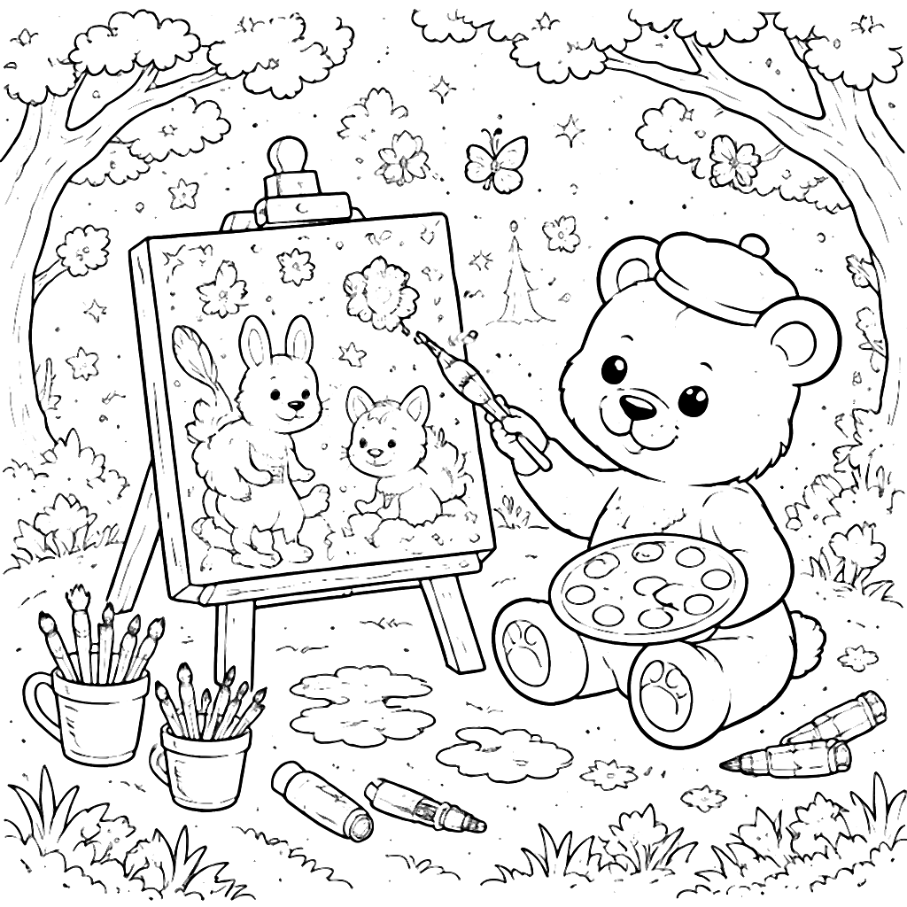 Un ours imaginatif peignant un tableau magique – coloriage à imprimer