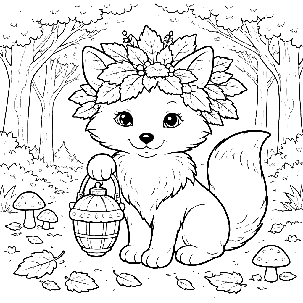 Un renard amical avec un chapeau de feuilles d'automne – coloriage à imprimer