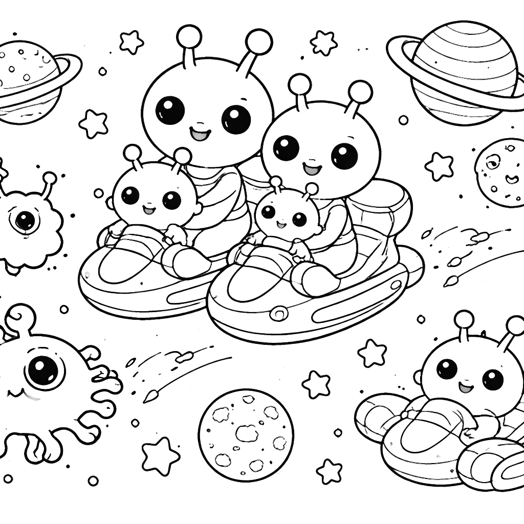 Une famille d'extraterrestres espiègles à colorier – coloriage à imprimer
