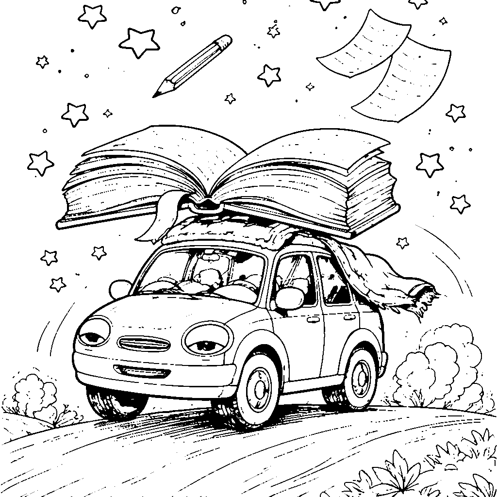 Une Voiture Curieuse et son Grand Livre – coloriage à imprimer