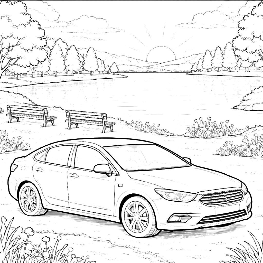 Voiture au bord d'un lac tranquille au coucher du soleil – coloriage à imprimer