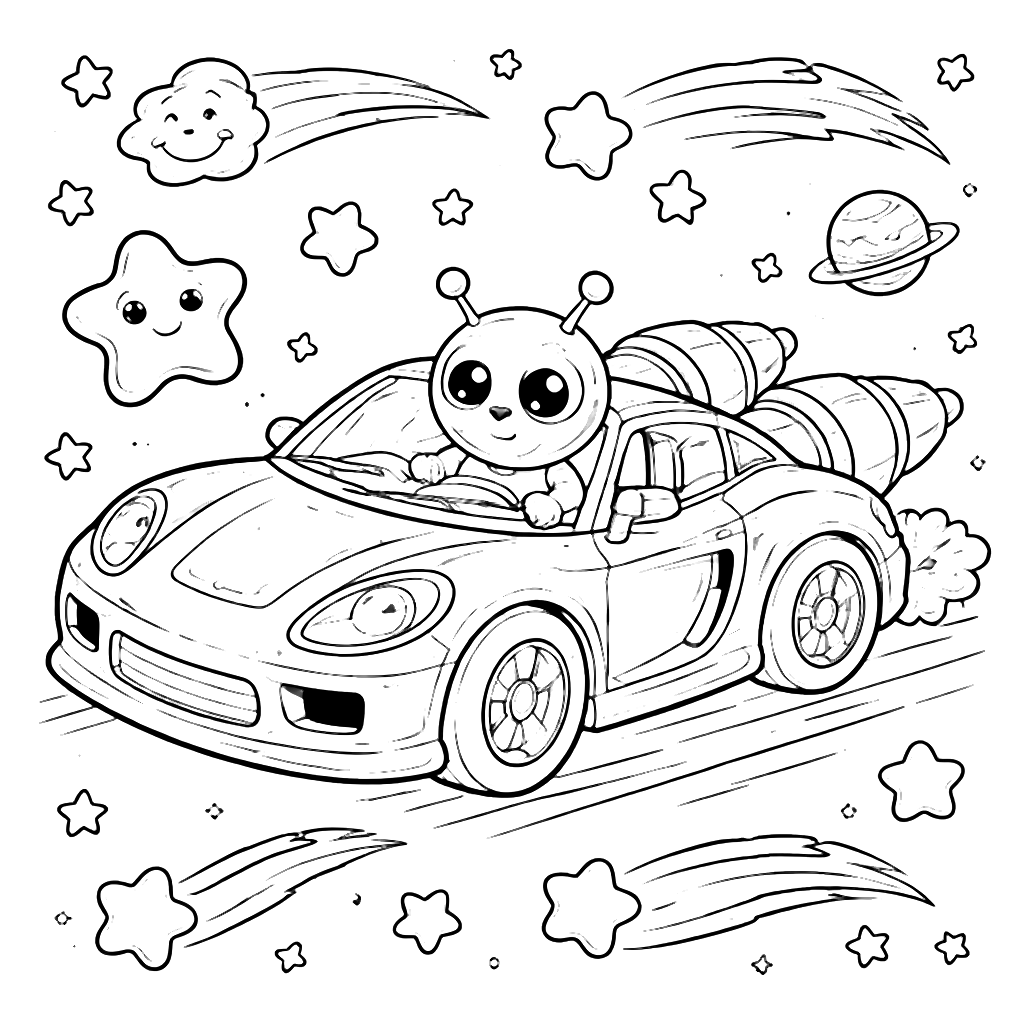 Voiture de sport dans une aventure spatiale à colorier – coloriage à imprimer