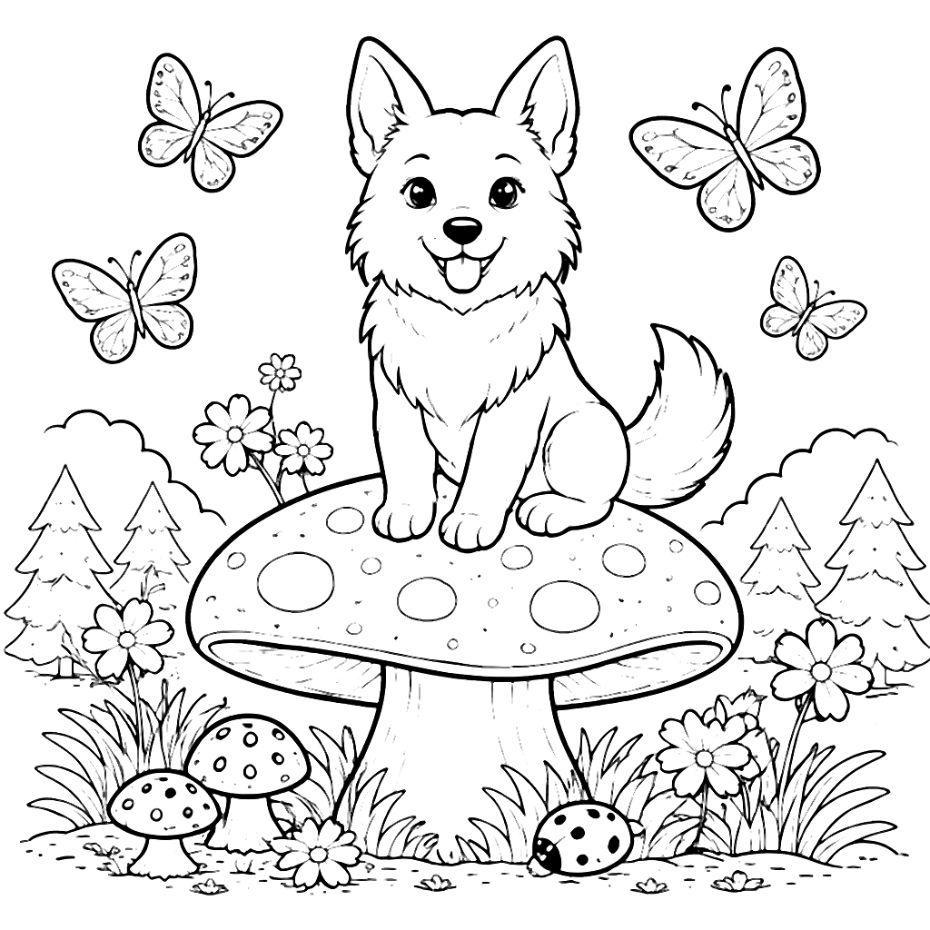 Enchanting German Shepherd Coloring Page on a Mushroom – रंग भरने का पेज प्रिंट