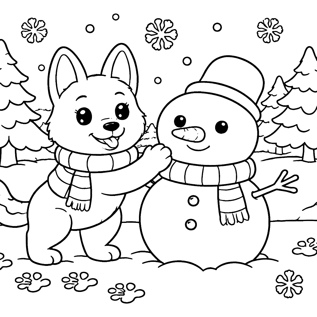 Playful German Shepherd Building a Snowman Coloring Page – रंग भरने का पेज प्रिंट