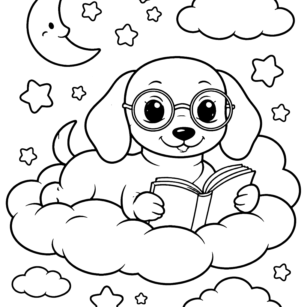 Dachshund olvas a felhőn - Színezőlap