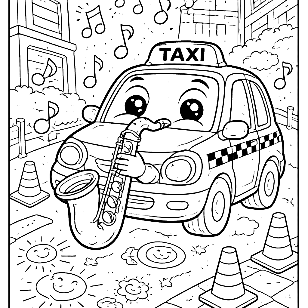 Zenei taxi színezőlap: Saxofonos városi kaland – színező lap nyomtatható