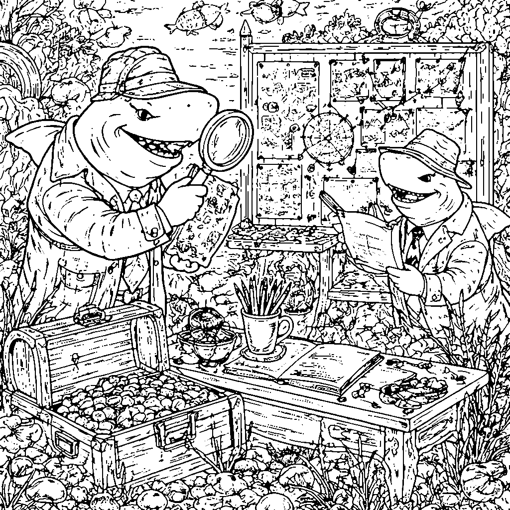 Biro Detektif Hiu yang Seru – gambar mewarnai cetak