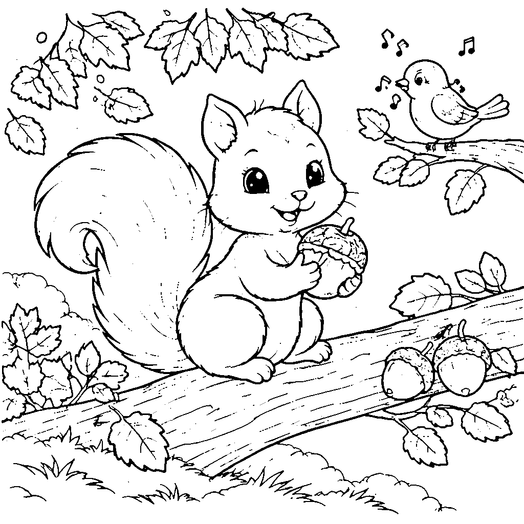 Gambar Mewarnai Squirrel Lucu Mengumpulkan Kacang