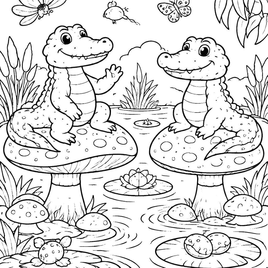 Halaman Mewarnai Buaya di Swamp Fantasi – gambar mewarnai cetak