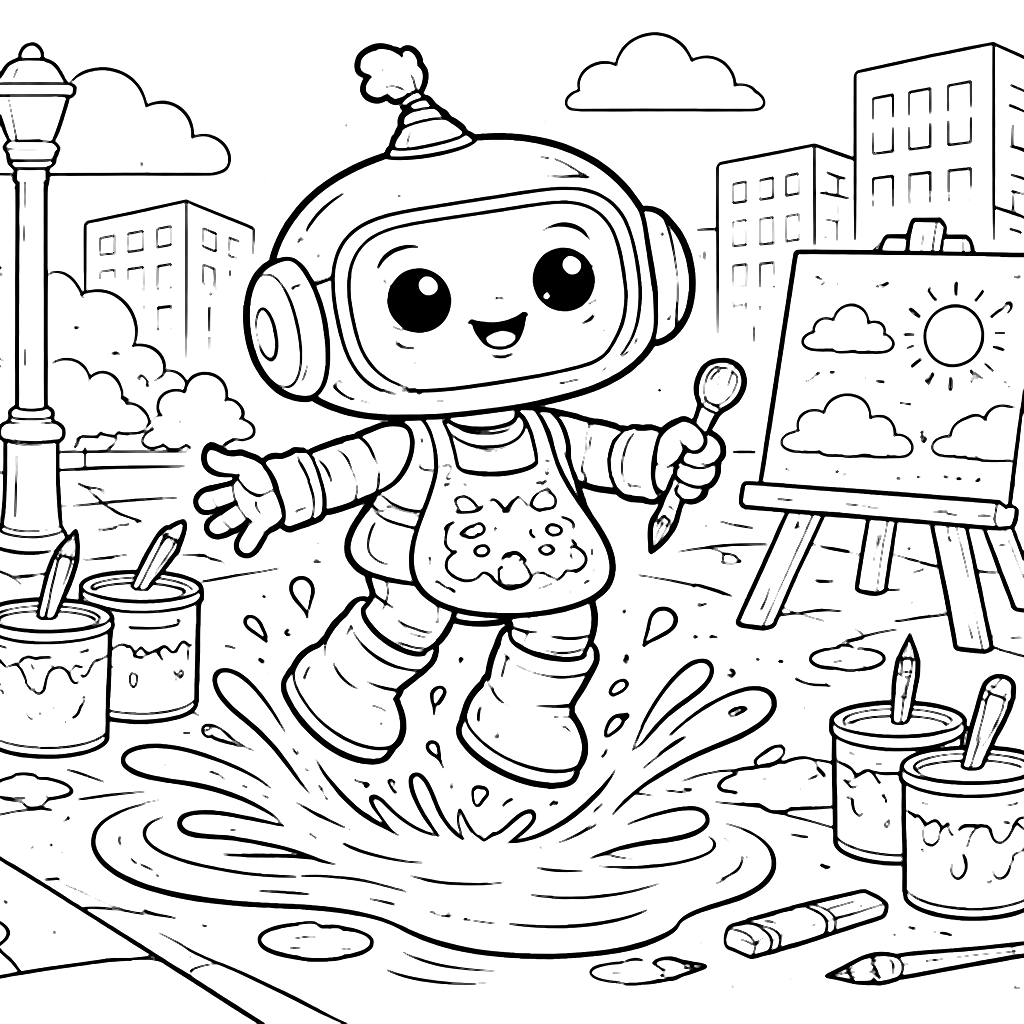 Halaman Mewarnai Robot Pelukis yang Ceria – gambar mewarnai cetak